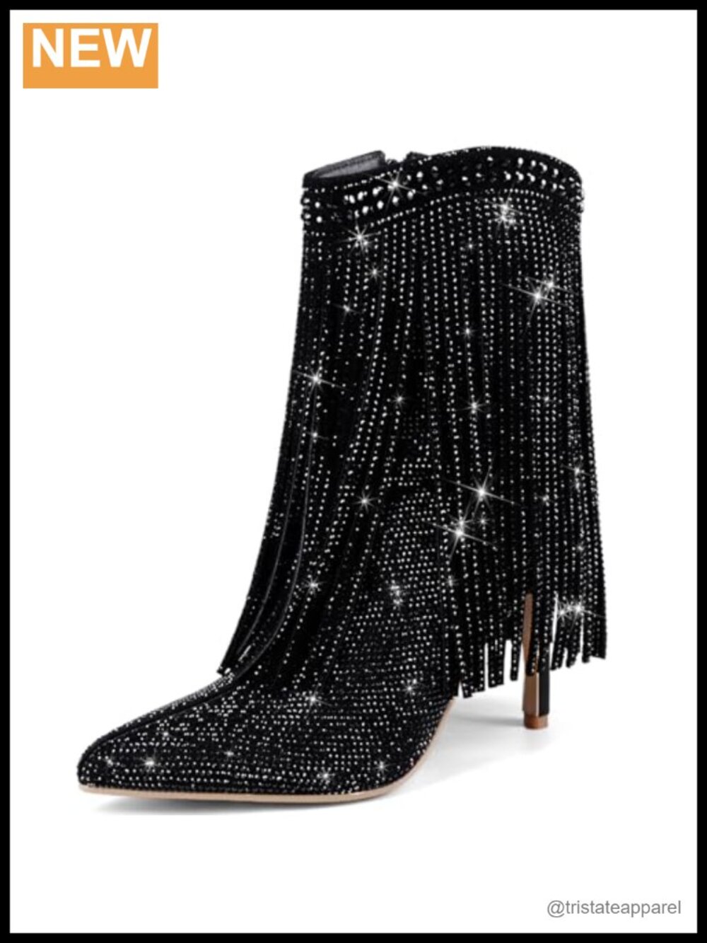 Rhinestone Fringe Ankle Boots Stiletto High Heel Pointed Toe Side Zipper